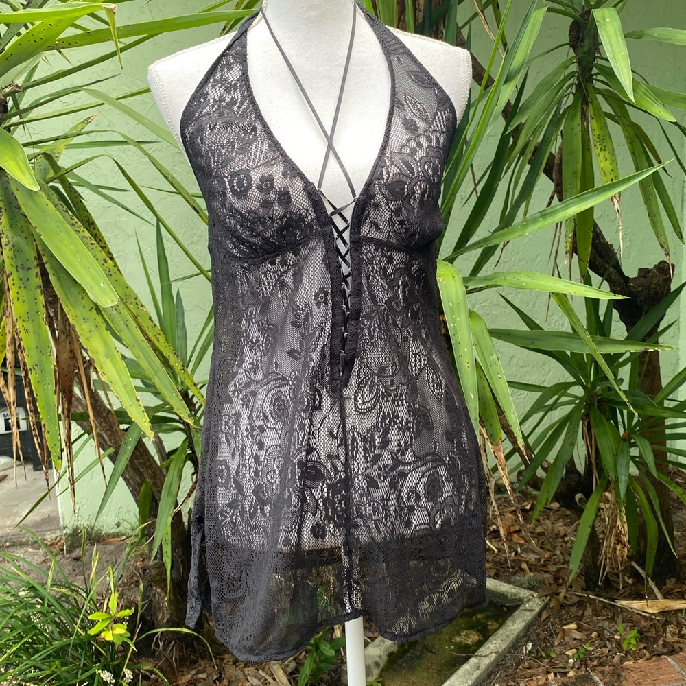 Victorias Secret Black All Lace Lace Up Nightie